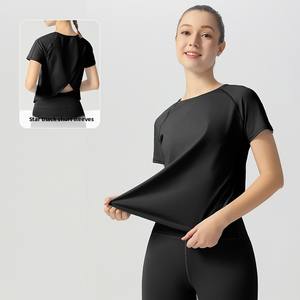 LOGO personnalisé Nouveau <span class=keywords><strong>T</strong></span>-Shirt Yoga Fitness Respirant Léger Beau Design Croix Creuse au Dos avec Col Rond Haut de Sport Gym - Product Image 3