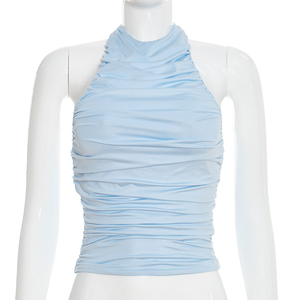 Viviblook Y26TP020 – Nouveau débardeur sexy plissé sans manches à col licou pour femme - Product Image 1