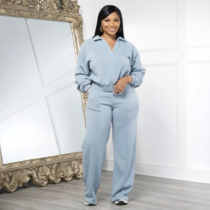 Özel Logo kadın düz renk rahat Streetwear güz Athleisure salonu uzun kollu v-çentik kazak Joggers kazak seti - Product Image 2