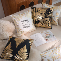Housse de coussin carrée en velours doré avec imprimé feuilles dorées et lettres, pour chambre et canapé, décoration d'intérieur tendance