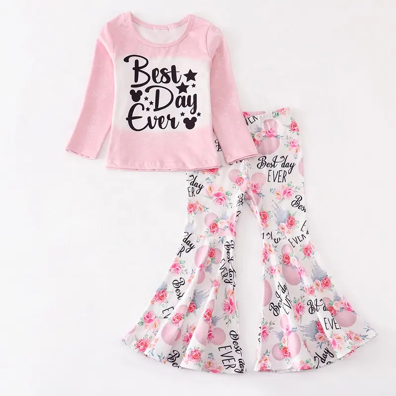 Boutique Girls Clothing Sets Spring Fall Sweet Pink Floral Suits For Kid Girl Bell Bottom Pant Set