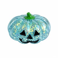 Jouet Squishy Citrouille Pailletée d'Halloween, Citrouille Plate et Ronde avec Côtes, Paillettes Liquides Intérieures, Yeux Triangulaires, Dents Serrées, Sourire