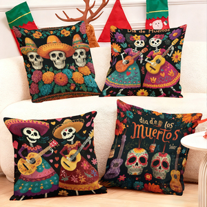 Almohadas decorativas con temática del Día de los Muertos con calaveras y guitarras coloridas para decoración festiva del hogar - Product Image 1