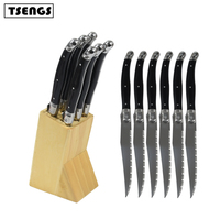 Couteaux Laguiole dentelés en acier inoxydable Ensemble de 6 couteaux à steak avec bloc de couteaux en bois de qualité supérieure