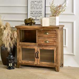 Meuble de rangement INNOVA en bois massif, style rustique vintage, avec porte vitrée et 2 tiroirs, idéal pour bar à domicile et appartement - Product Image 3
