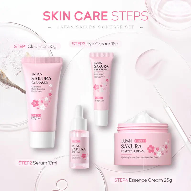 Natural Cherry Blossom Skincare Set Hidratante e Clareamento 4 peças Combinação Whiten Creme Laikou Japão Sakura Produtos