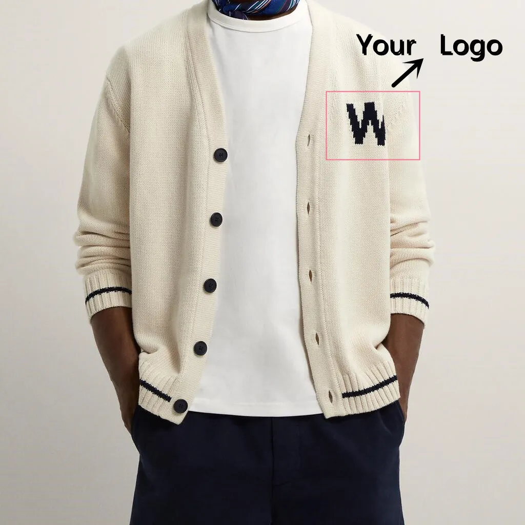 Custom LOGO fashion Embroidery Knit Mens Sweaters Cardigan Wool Blends Knitted with button Cardigan sweater for men
