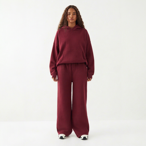 Wholesale Women's Burgundy Oversized Hoodie Wide Leg Sweatpants <b>Set</b> Casual <b>Two</b> <b>Piece</b> Pullover Tracksuit <b>Lounge</b> Wear Streetwear - Product Image 1