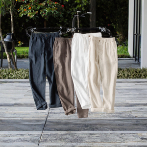 <span class=keywords><strong>Pantaloni</strong></span> Casual da <span class=keywords><strong>uomo</strong></span> estivi in <span class=keywords><strong>lino</strong></span> <span class=keywords><strong>100</strong></span>% bianco tinta piatta a vita media anteriore leggera ampia dritta - Product Image 3