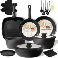 Set Peralatan Masak Dapur Anti Lengket Berlapis Email 13 Buah Kustom Pabrik Grosir Set Panci dan Wajan Masak Aluminium Hitam