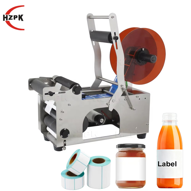 HZPK Semi-automatic Desktop Round Plastic Bottle Cans Sticker Labeling Printing Machine With Stainless Steel Housing