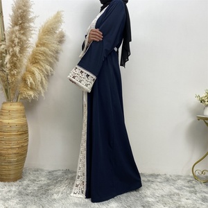 1498# Elegant Navy Front Open <b>Abaya</b> Pretty Floral White Lace Long Sleeve <b>Abaya</b> Long Robe for Muslim Women 2XL 3XL Limited - Product Image 5