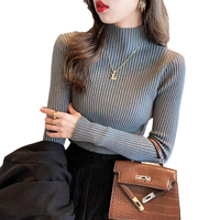 Femmes décontracté à rayures larges couleur unie semi-col roulé pull chaud à manches longues automne hiver haut nouveau tricot filles pull