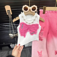 Nouvel ensemble 2 pièces pour filles : haut sans manches patchwork avec nœud et jean dégradé papillon à jambes larges – Collection été