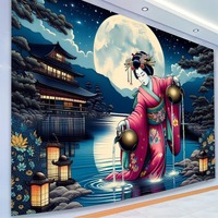 Tapisserie murale en polyester motif chat Geisha Teal Moonlit, résistante à la décoloration, légère, facile à accrocher, art mural, vente en gros