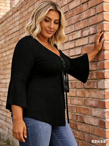 Blusa de Talla Grande Negra Casual con Encaje, Manga Tres Cuartos, Cuello en V, Botones, Fruncido Delantero y Lazo para Mujer - Product Image 5