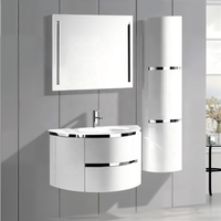 Meuble de salle de bain mural incurvé blanc brillant vintage personnalisé avec tiroirs de rangement, miroir et armoire latérale haute combinée