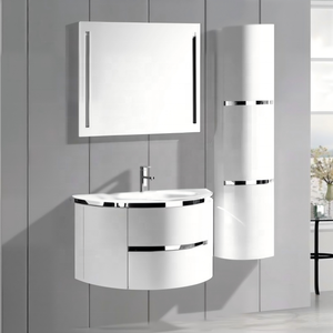 Meuble <span class=keywords><strong>de</strong></span> <span class=keywords><strong>salle</strong></span> <span class=keywords><strong>de</strong></span> <span class=keywords><strong>bain</strong></span> mural incurvé blanc brillant vintage personnalisé avec tiroirs <span class=keywords><strong>de</strong></span> <span class=keywords><strong>rangement</strong></span>, miroir et armoire latérale haute combinée - Product Image 1