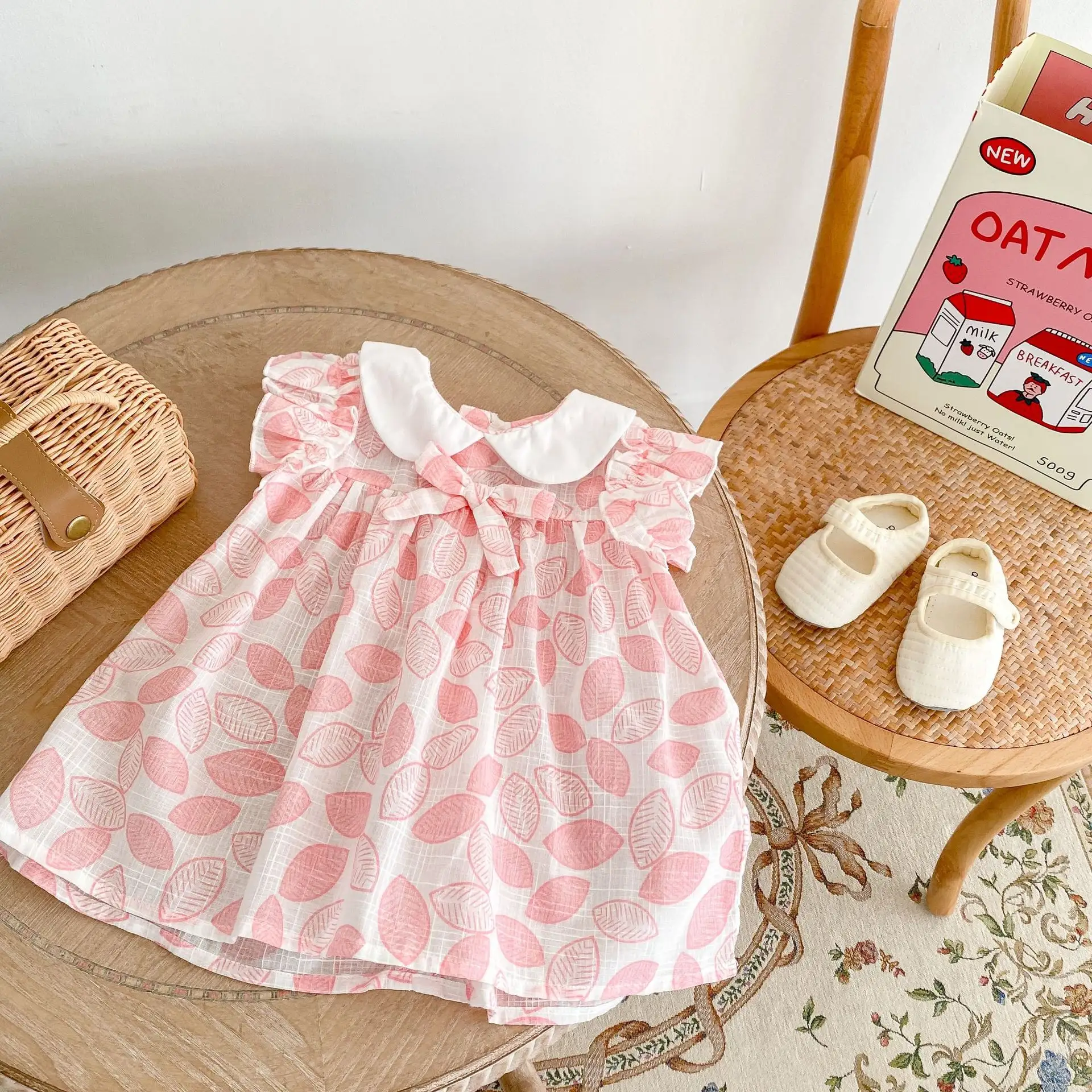 2022 Summer girls baby 0-3 years old baby clothes dress leaf doll collar printed cotton fly sleeve skirt Bamboo cotton