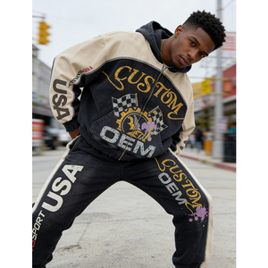 Streetwear Digital Printing Black White OEM Custom LOGO Printing 2-piece Heavyweight 400 GSM Zipper-up Men's Hoodie Set - Product Image 3