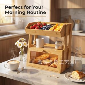 Boîte à pain en bambou, étagère de rangement pour comptoir de cuisine avec plateau à fruits, conteneur à pain multi-niveaux pour l'organisation des aliments - Product Image 2