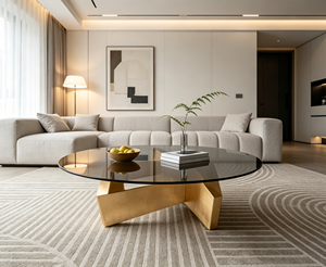 Mesa de Centro de Vidrio Templado Ahumado Redonda Hecha a Mano, Base de Metal Dorado Geométrica, Estilo Moderno de Mediados de Siglo, para Sala de Estar - Product Image 5