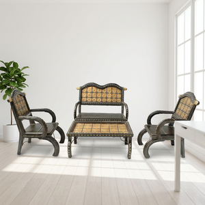 Ensemble de canapés vintage en bois massif 4 places (1+1+2) avec finitions en laiton et table basse – Mobilier de salon de luxe antique - Product Image 3