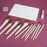 Ensemble de 12 pinceaux de maquillage en poils synthétiques vegan Gracedo, logo personnalisé, taille de voyage, qualité professionnelle, brosse à raser en bois de luxe