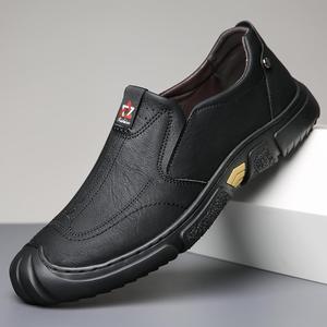 Mocassins en cuir véritable blanc pour hommes, bout rond, à enfiler, semelle extérieure en caoutchouc respirante, chaussures décontractées d'automne - Product Image 2