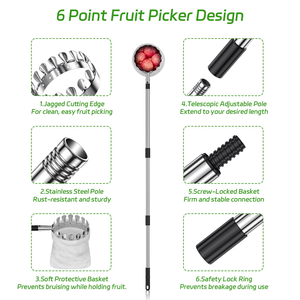 Cueilleur de fruits de qualité industrielle avec tige télescopique pour la cueillette des pommes et des prunes en hauteur, ensemble d'outils de cueillette de fruits de jardin - Product Image 4