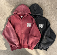 Sweat à capuche zippé pour homme en molleton épais personnalisé, délavé à l'acide, avec broderie de patchs en strass, épaules tombantes, style streetwear rétro