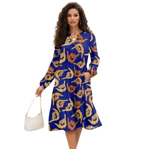 Abito Casual di Alta Qualità con Stampa Personalizzata, Segno Shaka, Scollo a V, Tasche, Vita Naturale, Patchwork Ecologico, Linea ad A - Product Image 3