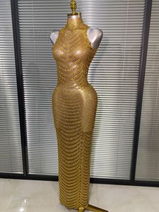 Abito Lungo da <span class=keywords><strong>Donna</strong></span> di Lusso per Feste, Vestito da Sera con Strass Dorati e Rete Trasparente per Performance sul Palco - Product Image 3