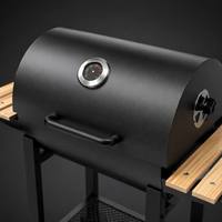 Barbecue au charbon de bois robuste OEM, style américain, type fumoir baril, avec thermomètre et étagères en bois, pour jardin extérieur