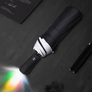 Automatic 3 fold reflective umbrella with led light handle