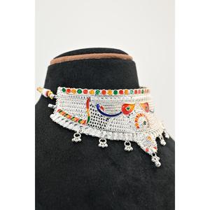 Ethnic <b>Silver</b> Plaster Chokar Set Necklace With Colorful Stones Flower Design Women's Wedding Style Beaded Jewelry - Product Image 6