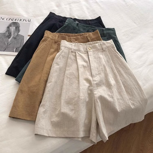 Women's Cotton Linen Shorts High Waist Wide Leg Casual A <b>Line</b> Five Point <b>Pants</b> In Heather Khaki Dark Green Black - Product Image 1
