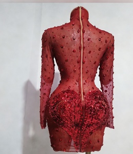 Vestido Mini Rojo de Mujer con Pedrería en Forma de Corazón, Malla Transparente, Cuello Alto, Manga Larga, Vestido de Fiesta, Vestidos de Noche, Moda - Product Image 2