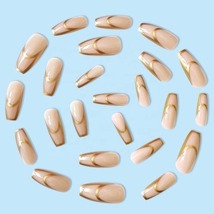 24 <span class=keywords><strong>Uñas</strong></span> Postizas Artificiales Color <span class=keywords><strong>Rosa</strong></span> Nude <span class=keywords><strong>con</strong></span> Rayas Doradas, <span class=keywords><strong>Uñas</strong></span> Postizas Removibles Sin Costuras, Reutilizables, de Cobertura Completa - Product Image 3