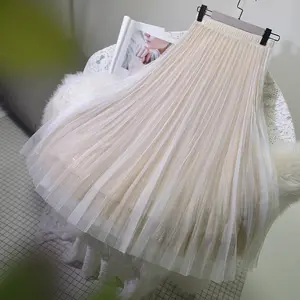 Medium - long women's bright silk gauze skirt high - waisted shaggy pleated skirt autumn - winter flow-light mesh gauze skirt