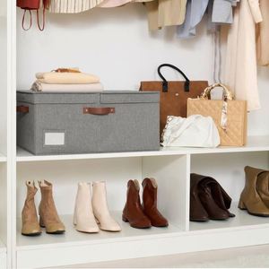 Large Foldable Fabric Clothing Storage <b>Box</b> With Lid PU Handles Label Slot Dark Grey <b>Wardrobe</b> Closet Organizer Bin - Product Image 6