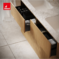 Lemari Penyimpanan Kamar Mandi Alland Slim Oval Curve Shape dengan Kabinet Partikel, Wastafel Ganda, dan Kabinet Kamar Mandi Marmer Sudut Bundar