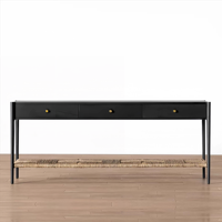 Table console moderne en chêne noir, style luxe discret, avec étagère en rotin tressé, pour entrée, couloir, hall d'entrée, maison moderne