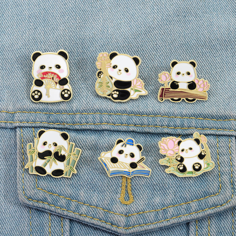 Cute Chinese National Treasure Panda Enamel Pin Cartoon Panda Eating Bamboo Brooch Lapel Badge Animal Jewelry Gift for Friends