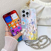 Coque de téléphone haut de gamme en TPU IMD électroplaqué et givré au laser pour 16 Pro Max 15 14 13 Plus, série Fleur, dégradé, avec cordon, Ins A34 A55