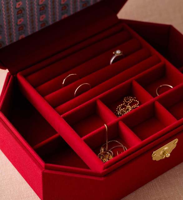 Gold Foil Embroidery Fabric Covered Necklace Box Packaging Earrings Ring Slots Tray Red Jewelry Bracelet Decorative Storage Box