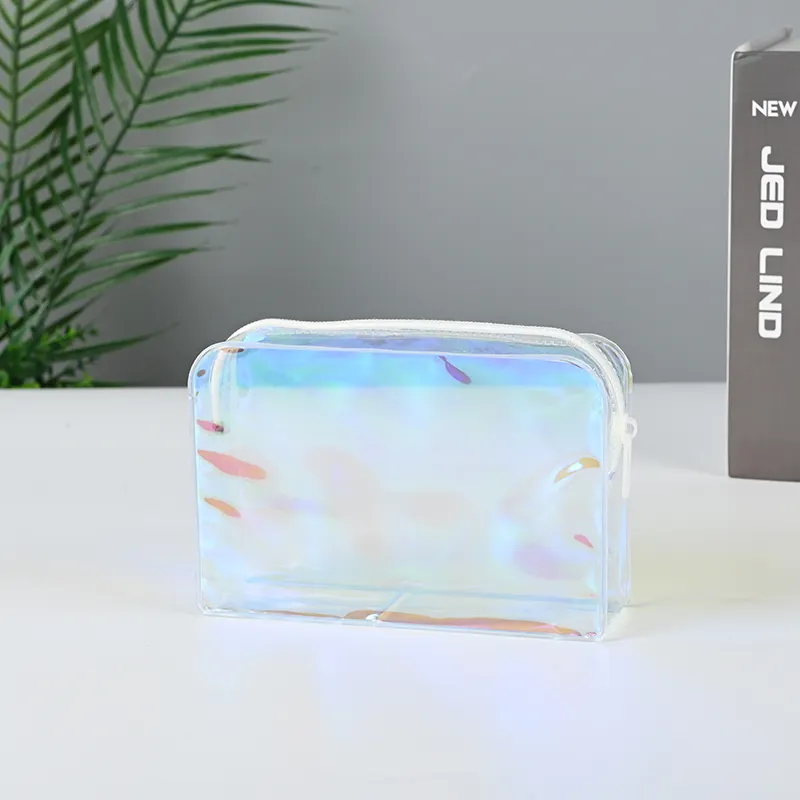 Penjualan terlaris tas kosmetik pvc plastik warna-warni tas makeup kosmetik bening hologram dengan ritsleting putih dan zip-lock