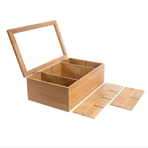 Caja de té de bambú con 8 compartimentos y tapa de vidrio, organizador de almacenamiento hecho a mano para bolsitas de té y café, tamaño personalizable - Product Image 4