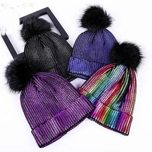 10cm Women Wool Hat Winter Crochet Fur Ball Metallic Knitted Hats Shiny Bronzing Gold Pom Pom Knit Beanies