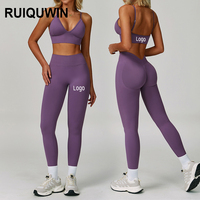 RUIQUWIN grosir Legging Yoga tanpa kelim wanita Bra olahraga punggung terbuka pendukung tinggi Set Yoga latihan lari elastis tinggi